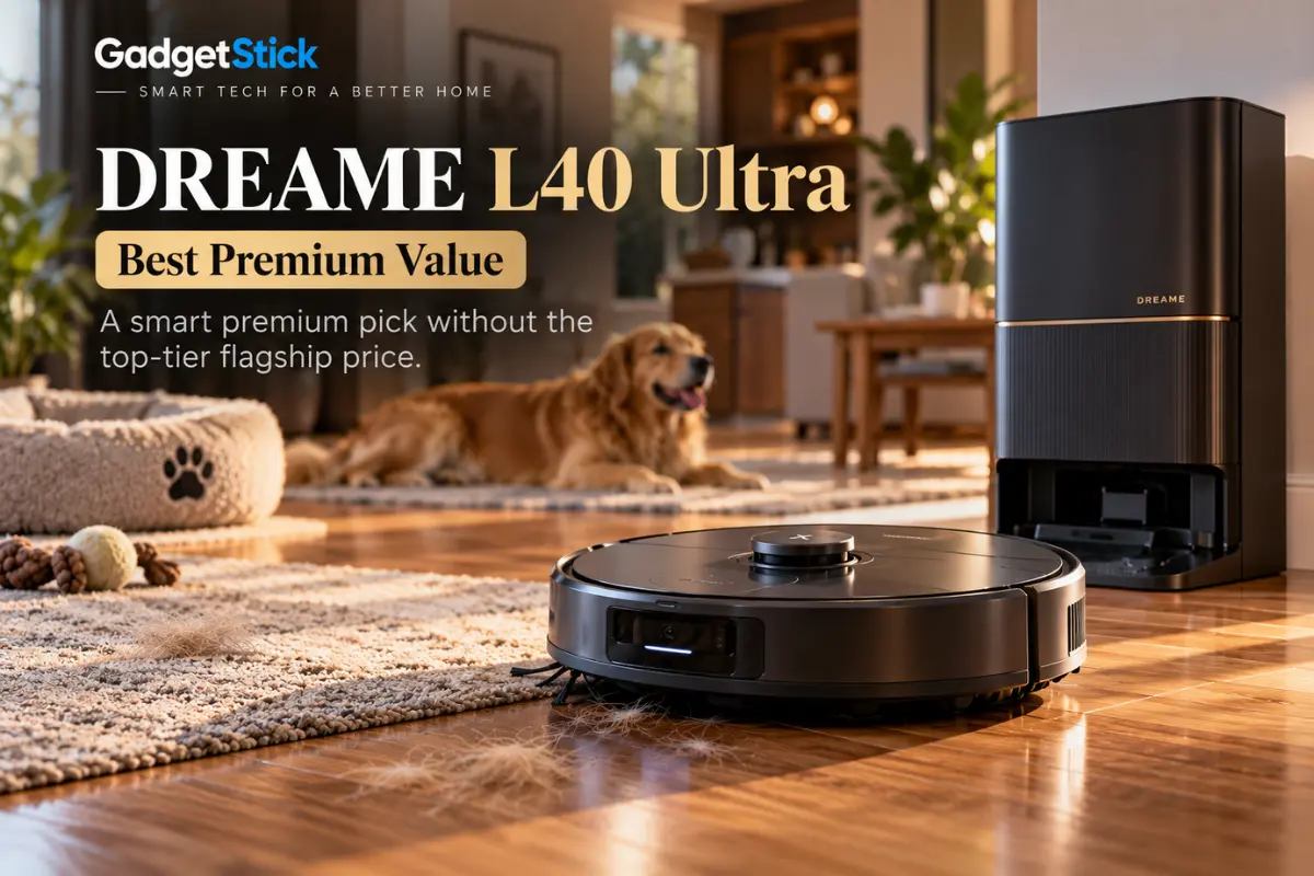 DREAME L40 Ultra robot vacuum and dock cleaning a hardwood floor in a pet home