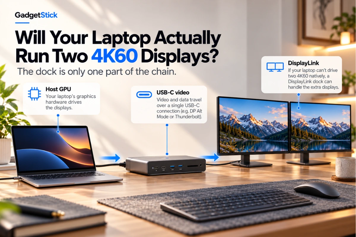 Laptop and docking station compatibility diagram for running two 4K 60Hz external monitors