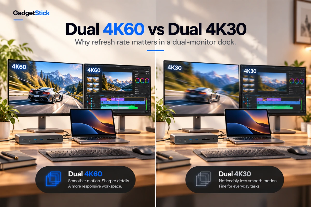 Comparison of dual 4K 60Hz and dual 4K 30Hz monitor performance through a docking station