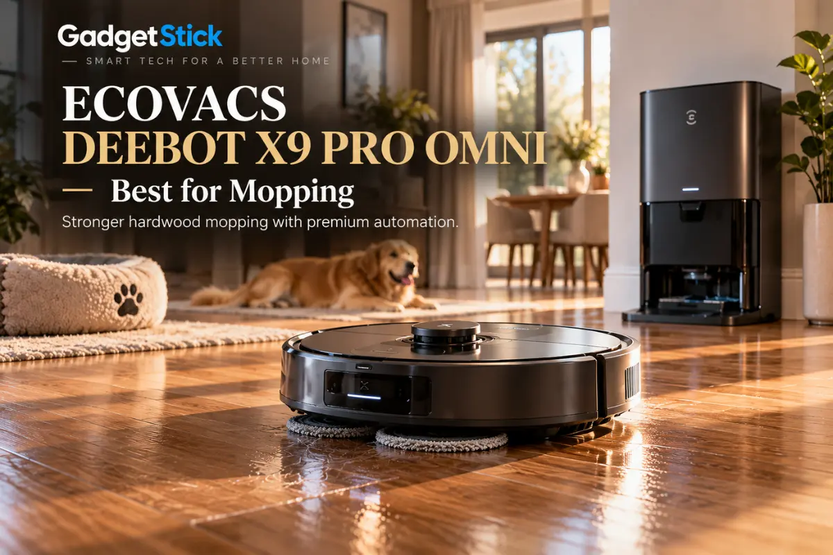 ECOVACS DEEBOT X9 PRO OMNI mopping hardwood floors in a pet-friendly living room