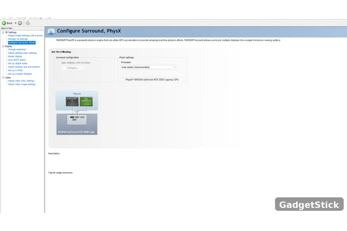NVIDIA Control Panel PhysX diagram showing Acer monitor connected to NVIDIA RTX 5050 Laptop GPU