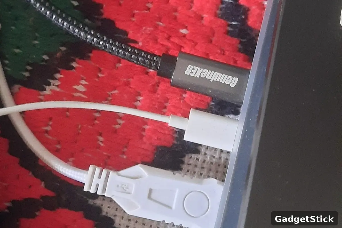 ASUS TUF gaming laptop with USB-C to DisplayPort cable connected