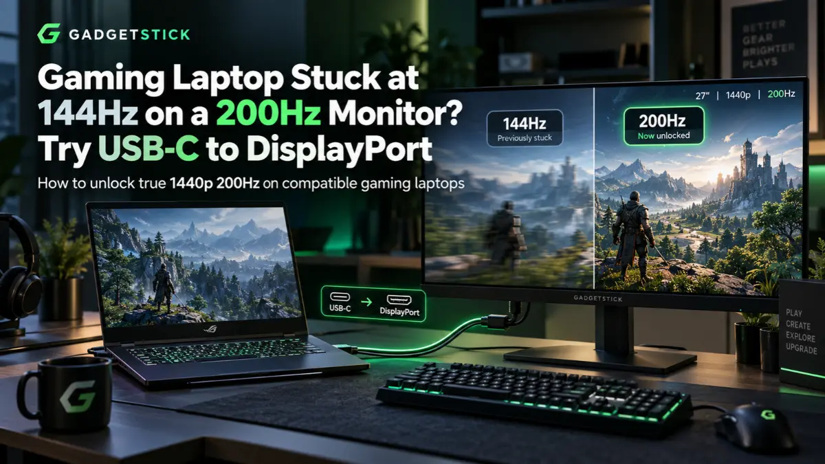 Gaming laptop connected to a 200Hz monitor using USB-C to DisplayPort