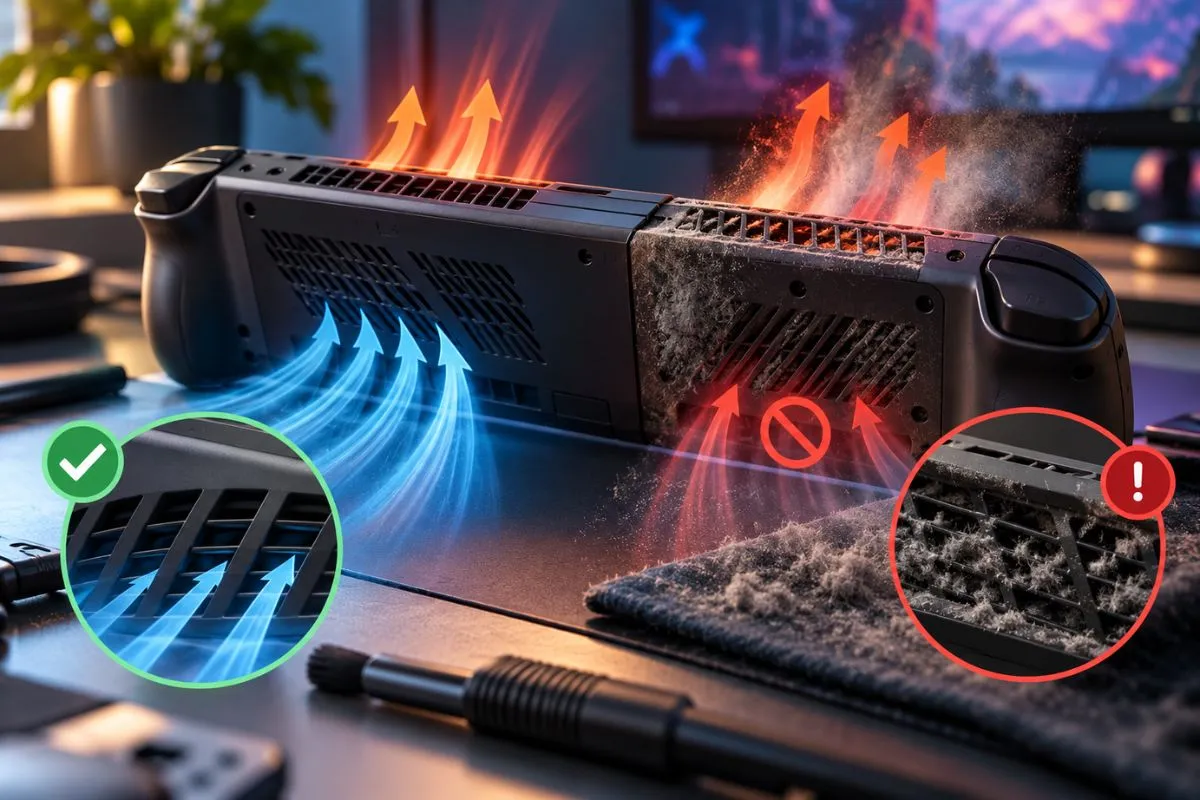 Handheld gaming PC showing cooling airflow, heat exhaust and blocked vent troubleshooting