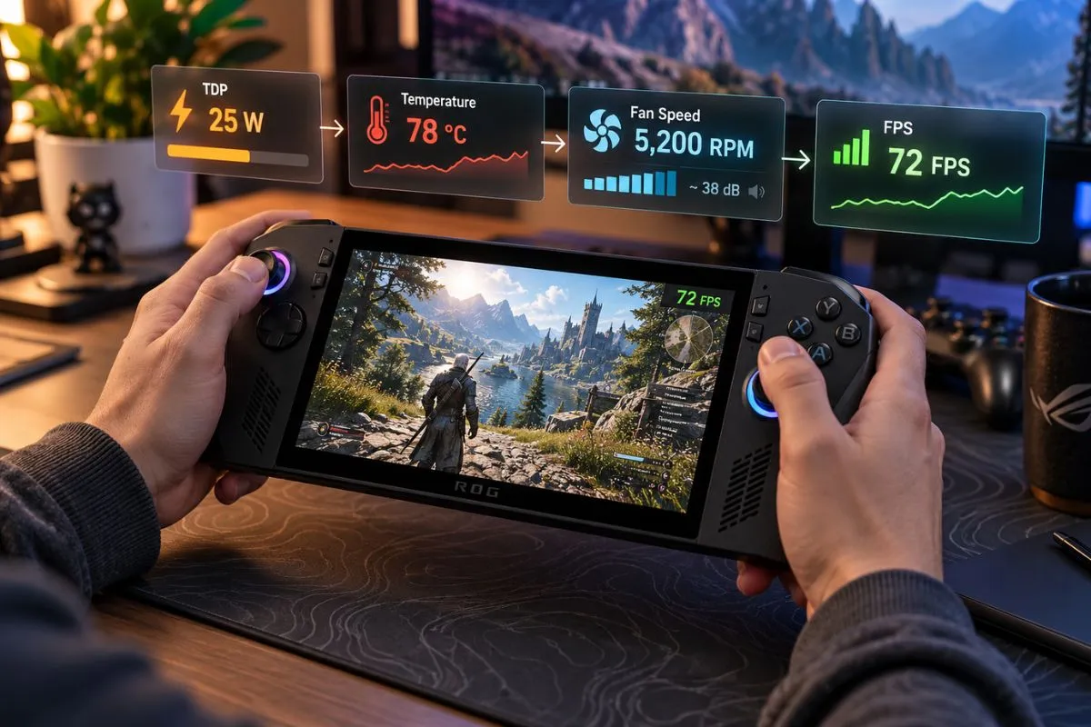 Handheld gaming PC showing the relationship between TDP, heat, fan speed and FPS
