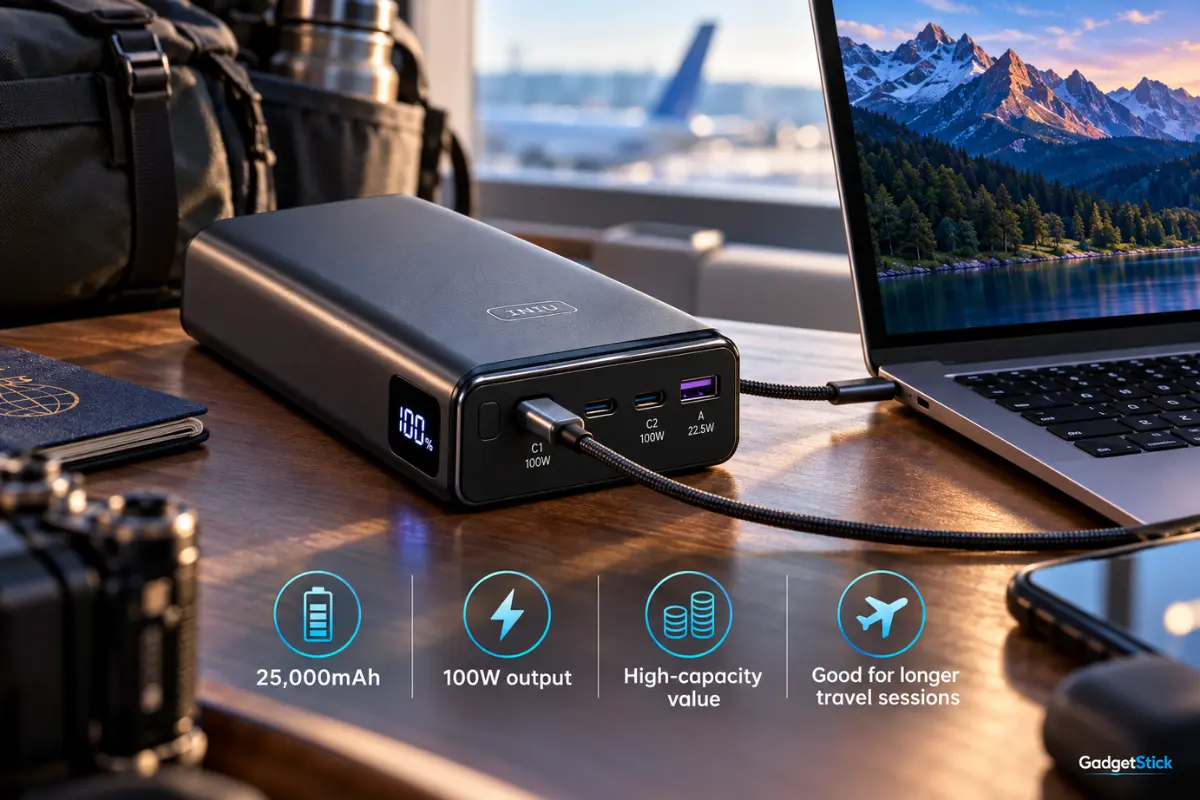 INIU 25000mAh 100W power bank connected to a laptop in a travel workspace