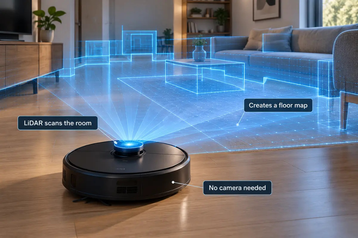 LiDAR robot vacuum scanning a living room and creating a spatial floor map