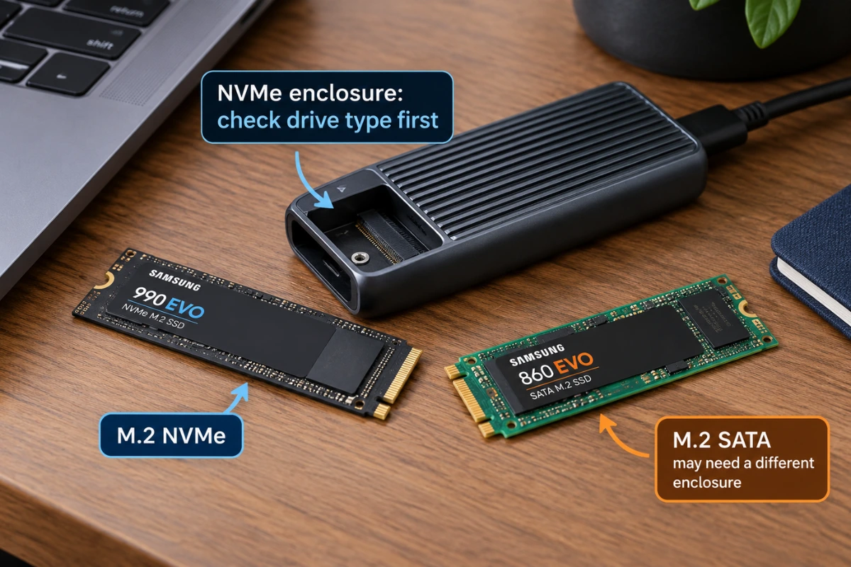 M.2 NVMe SSD and M.2 SATA SSD shown beside an external enclosure