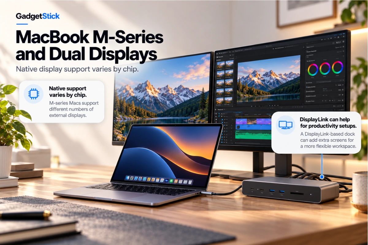 MacBook M-series laptop connected to two external monitors using a dual monitor docking station
