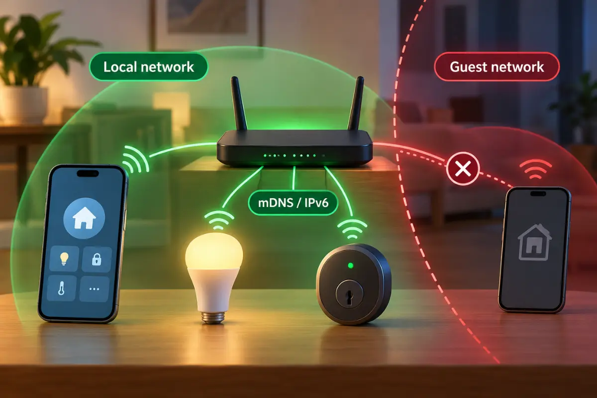 Diagram showing an isolated guest Wi-Fi network blocking local Matter device communication