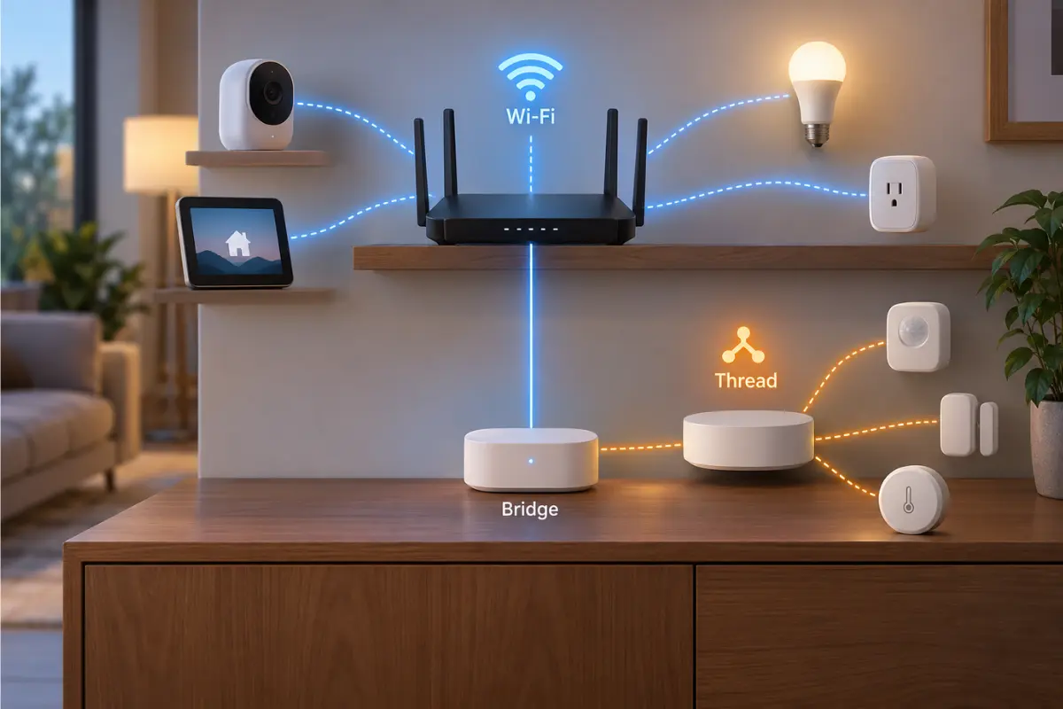 Conceptual illustration of Wi-Fi and Thread smart-home device network connections
