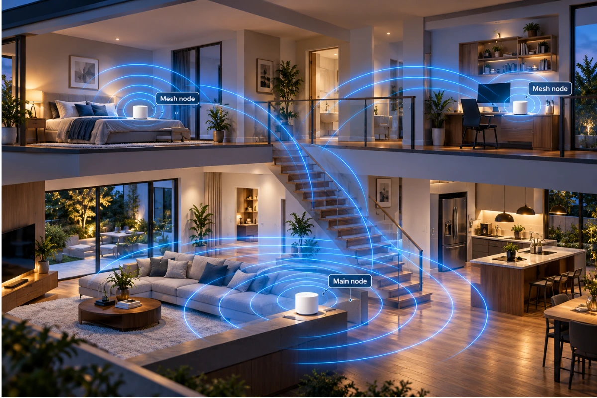 Mesh Wi-Fi nodes distributing wireless coverage across a two-story home