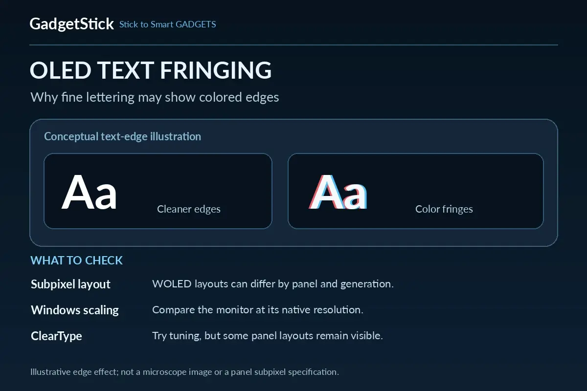 Conceptual OLED monitor text fringing comparison in Windows 11 without claiming a specific panel subpixel sequence