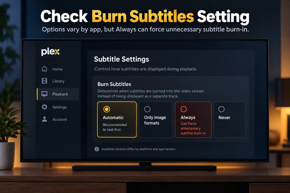 Conceptual Plex Burn Subtitles settings illustration comparing Automatic Always and other possible options