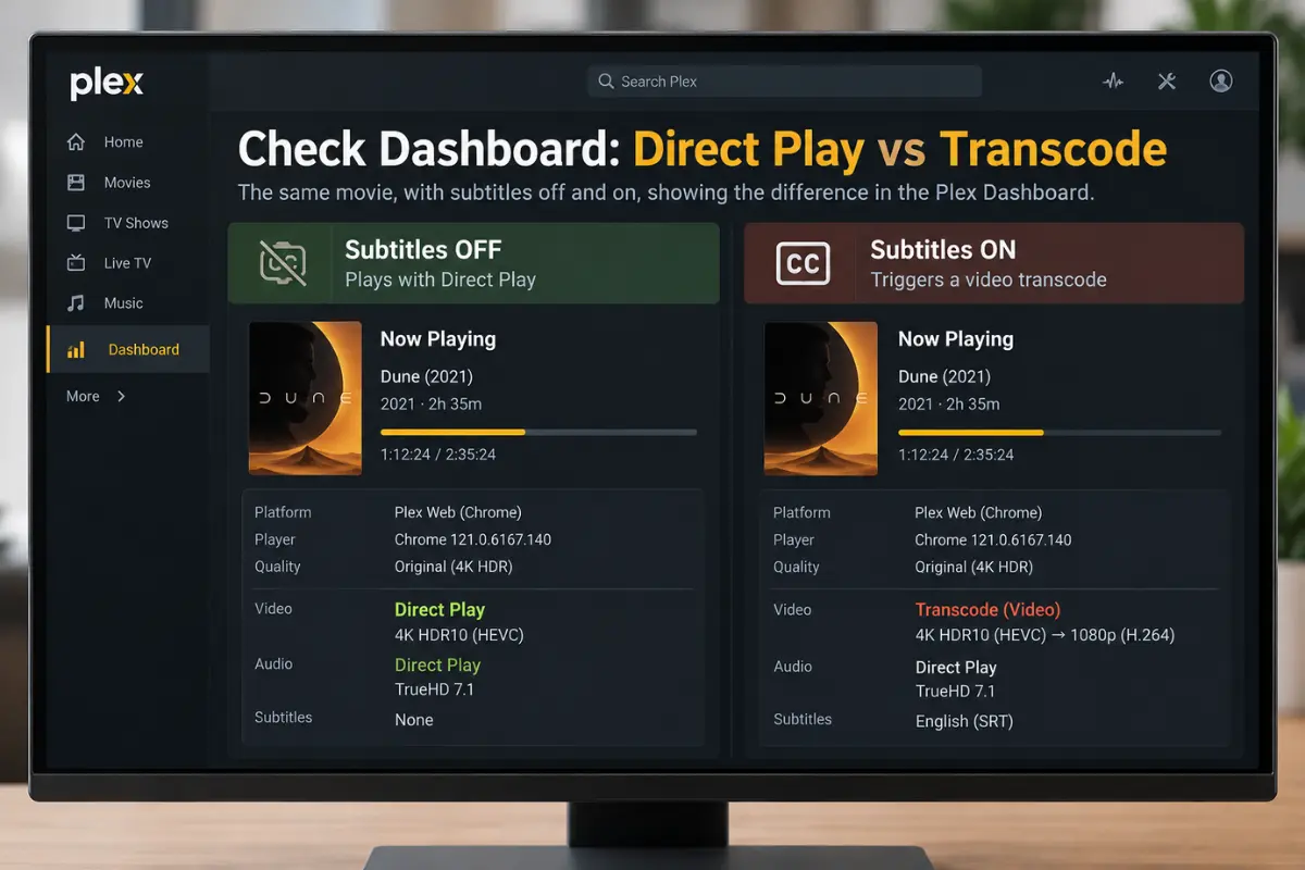 Conceptual Plex dashboard showing Direct Play without subtitles and a video transcode after subtitles are enabled