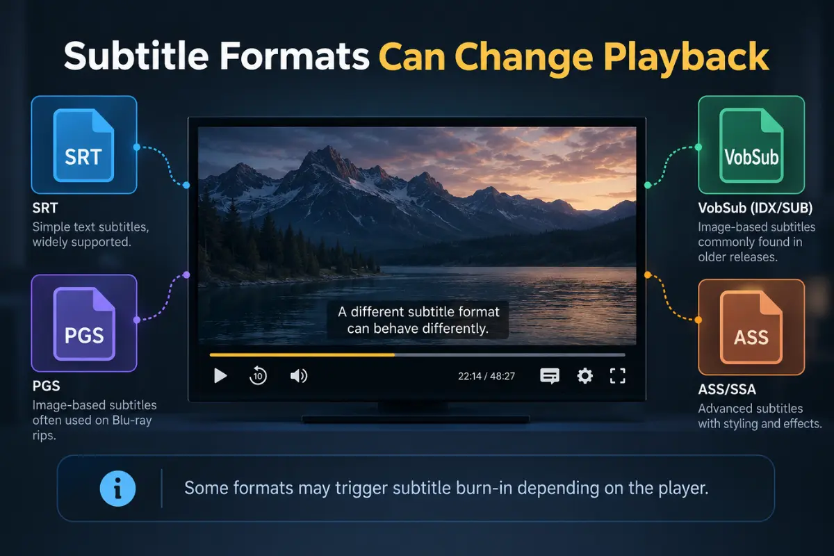 Explainer illustration showing SRT PGS VobSub and ASS subtitle formats used in Plex