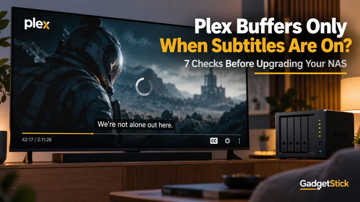 Plex movie buffering with subtitles enabled on a TV beside a NAS