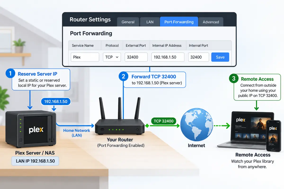Router port forwarding example using TCP 32400 and a reserved local Plex server IP address