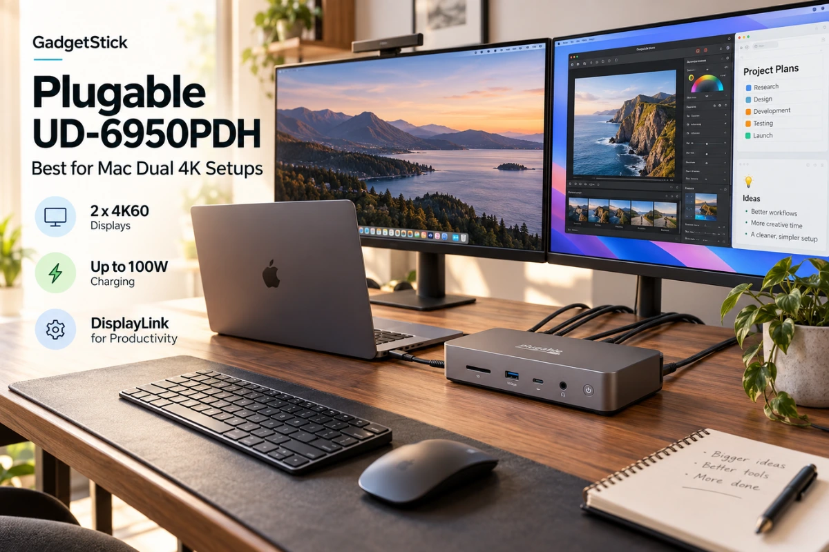 Plugable UD-6950PDH docking station in a dual 4K Mac desk setup with two external monitors