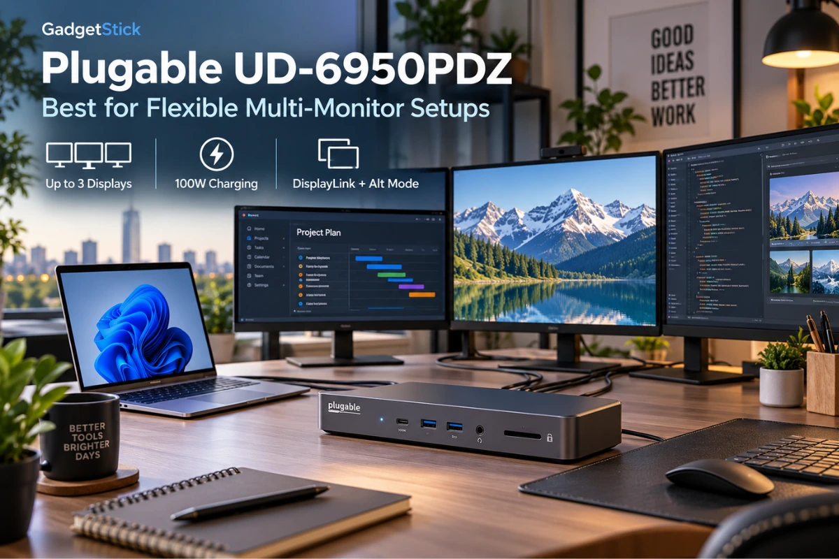 Plugable UD-6950PDZ docking station powering a multi-monitor productivity workstation
