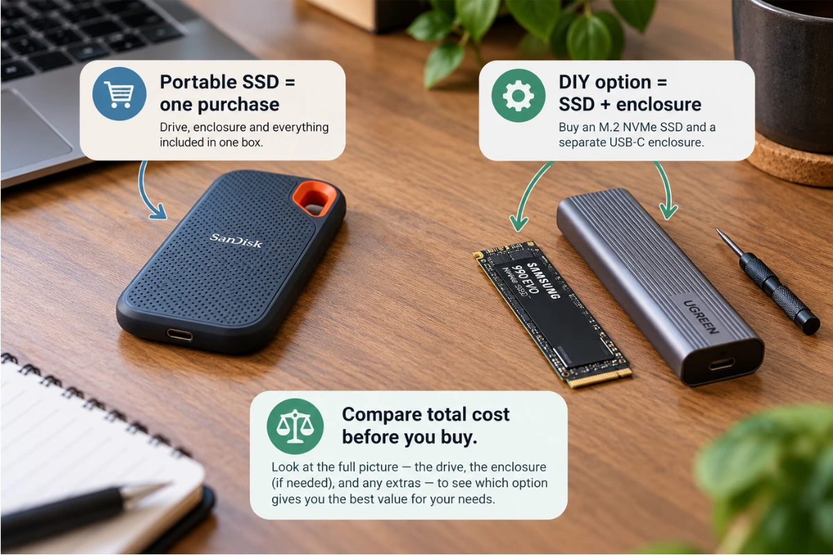 Ready-made portable SSD compared with a DIY NVMe SSD and separate enclosure purchase