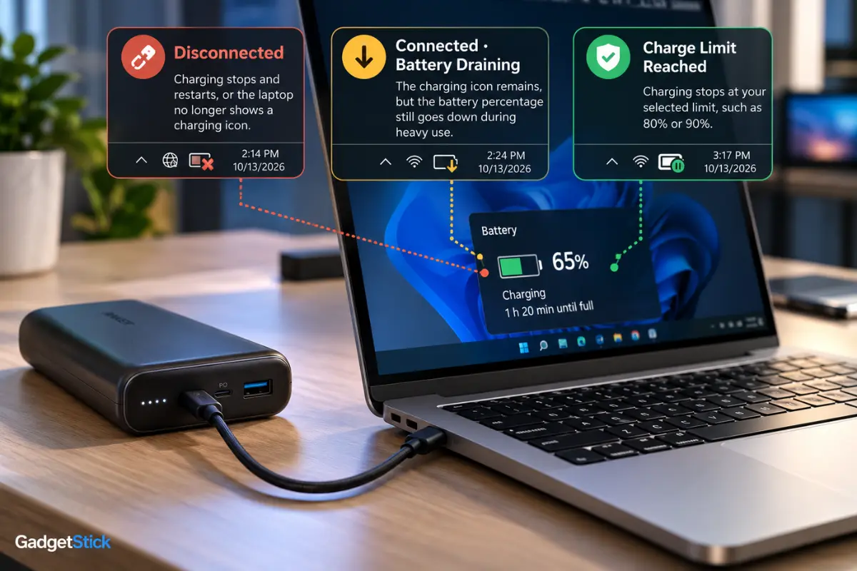 Laptop charging symptoms showing a disconnected power bank, battery draining while connected, and a charge limit being reached.