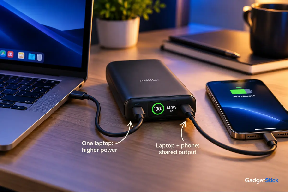 USB-C power bank simultaneously charging a laptop and smartphone to illustrate shared power output across multiple ports.