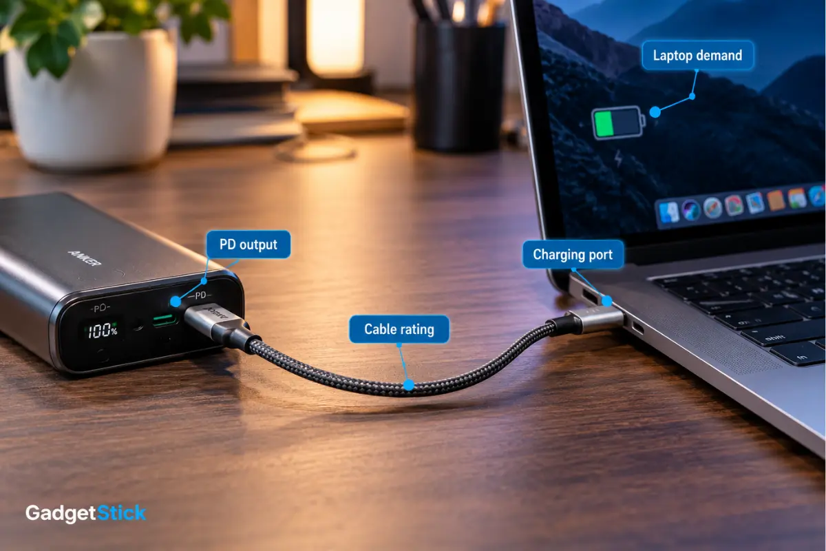 USB-C power bank connected to a laptop with labels identifying PD output, cable rating, charging port, and laptop power demand.