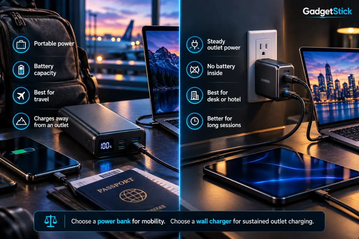 Power bank vs wall charger comparison for laptop charging and travel use