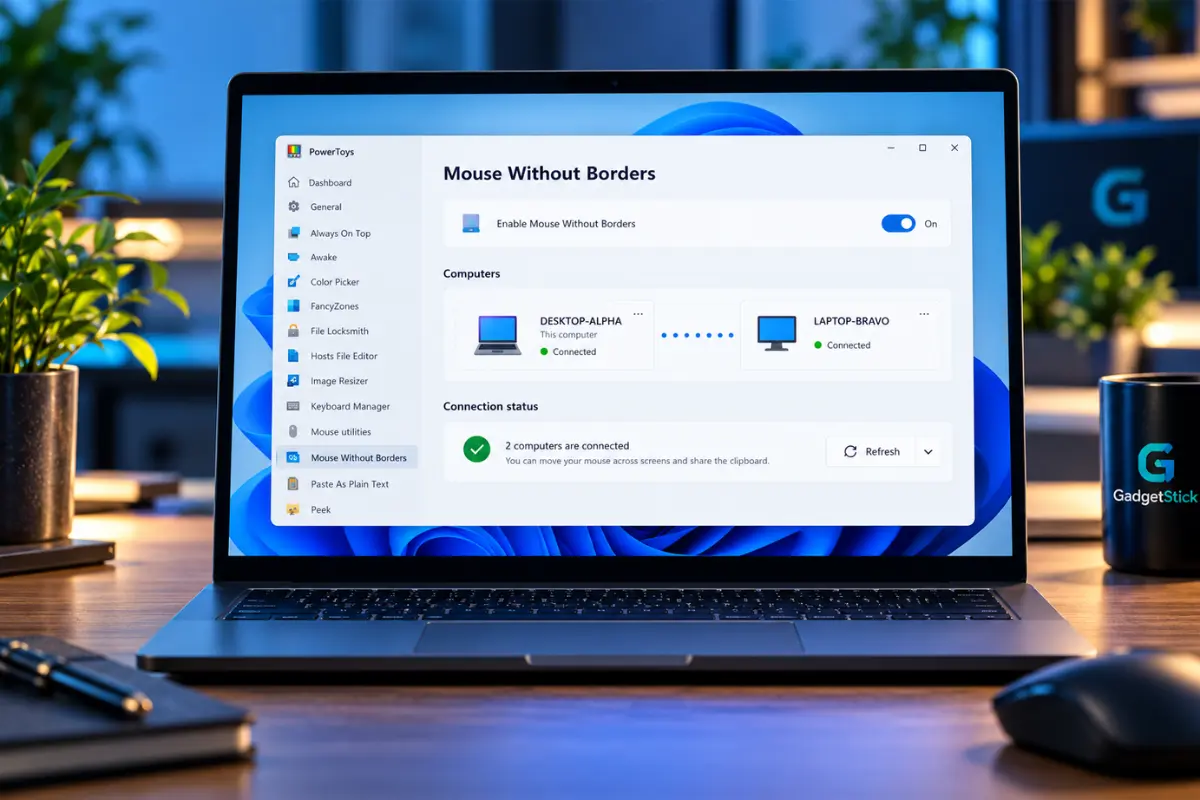 PowerToys Mouse Without Borders settings showing two connected Windows computers