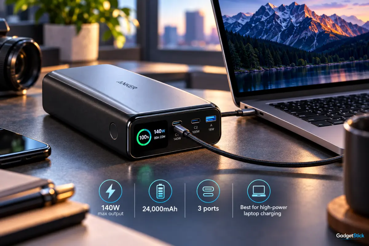Anker 737 Power Bank charging a laptop with 140W output and 24000mAh battery