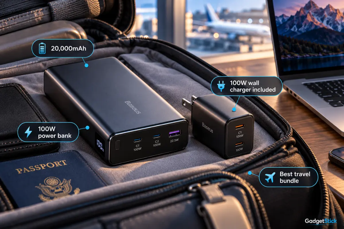 Baseus Blade 20000mAh 100W power bank with included 100W wall charger in a travel bag