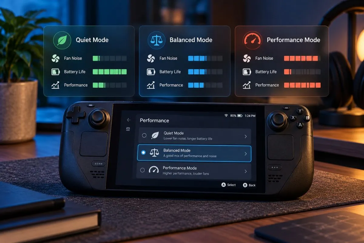 Handheld gaming PC performance modes showing quiet, balanced and turbo fan behavior