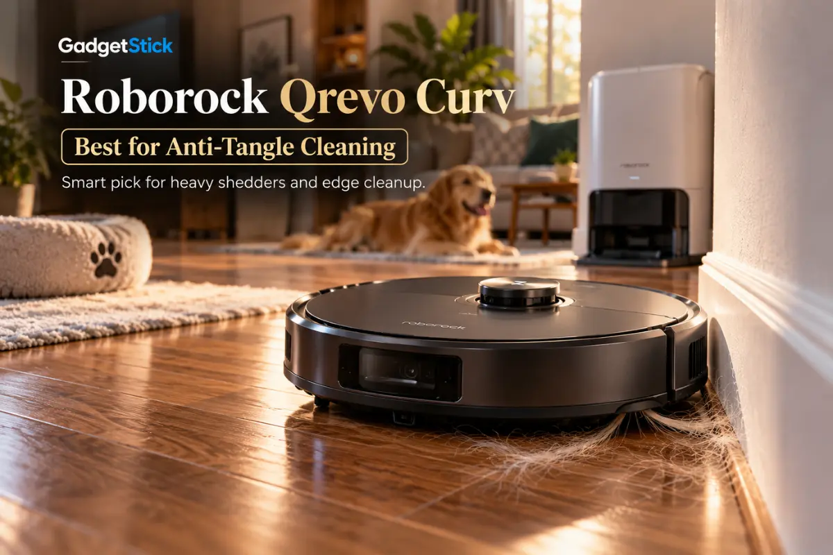 Roborock Qrevo Curv robot vacuum cleaning pet hair along a hardwood floor edge