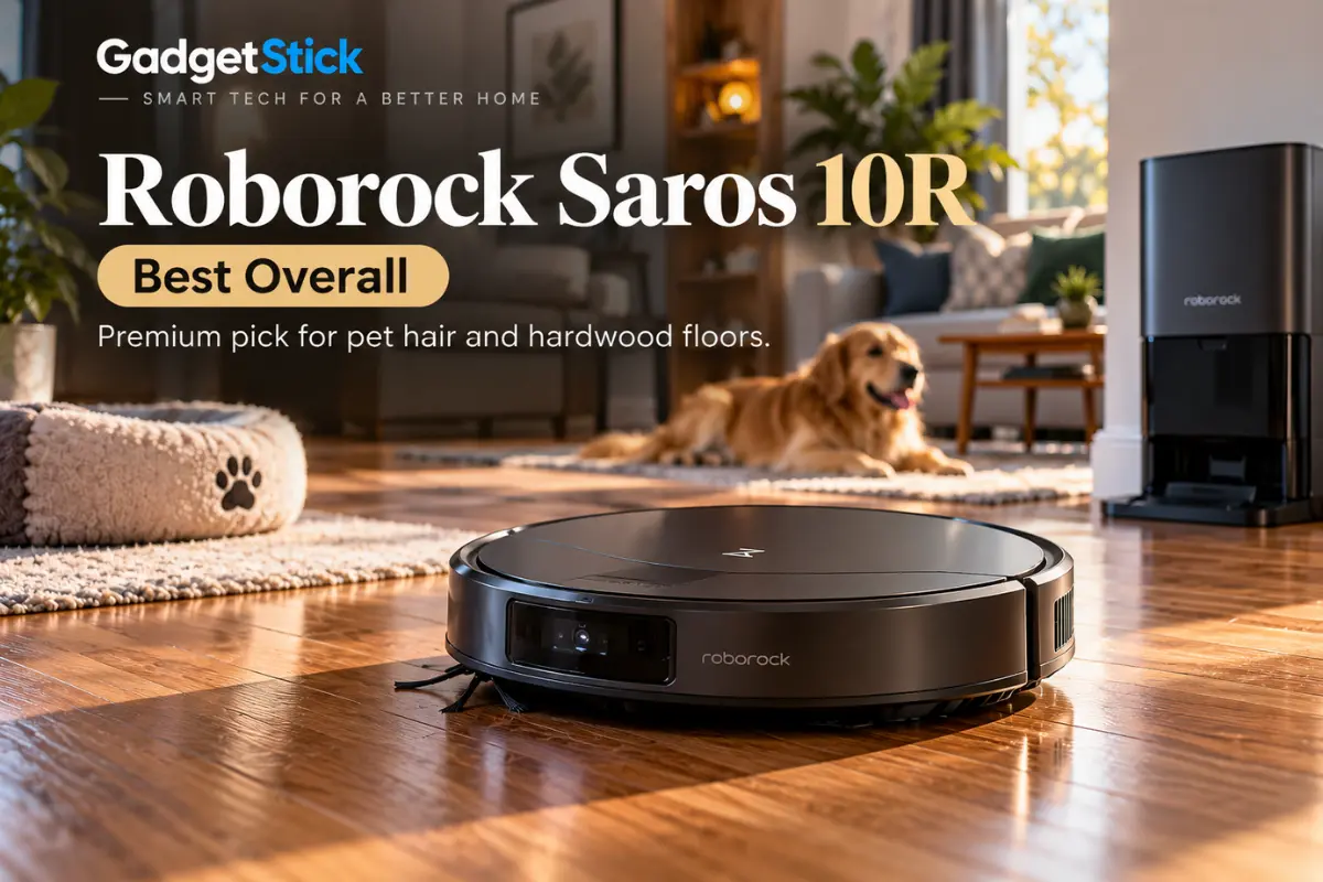 Roborock Saros 10R robot vacuum in a pet-friendly home with hardwood floors