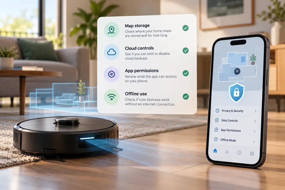 Robot vacuum privacy checklist illustrating cloud storage, home maps, app permissions and offline operation