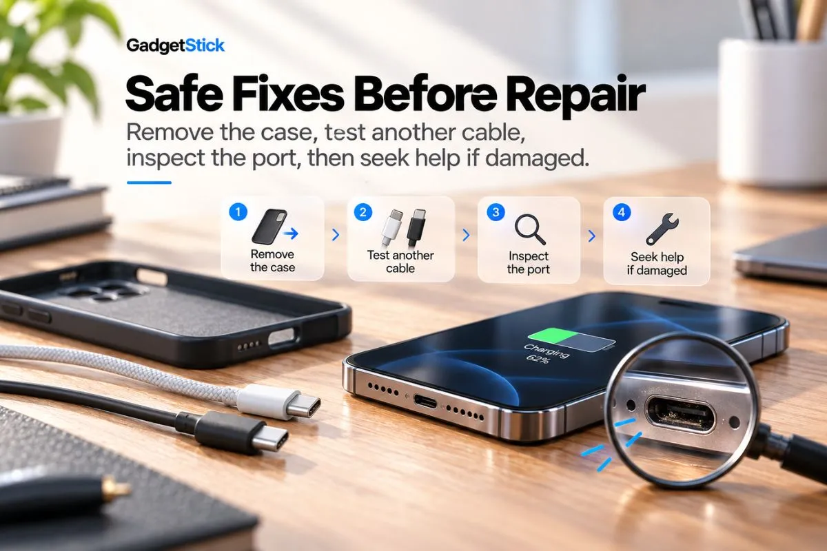 Safe troubleshooting steps before phone charging port repair including removing the case testing another cable and inspecting the port