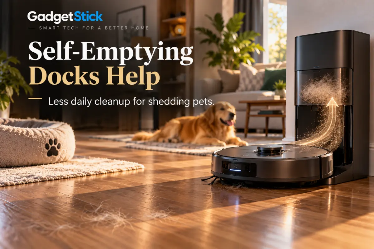Robot vacuum auto-empty dock collecting pet hair in a pet-friendly home