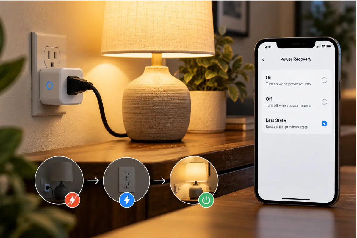 Smart plug and lamp with power recovery options On, Off, and Last State displayed on a smartphone.