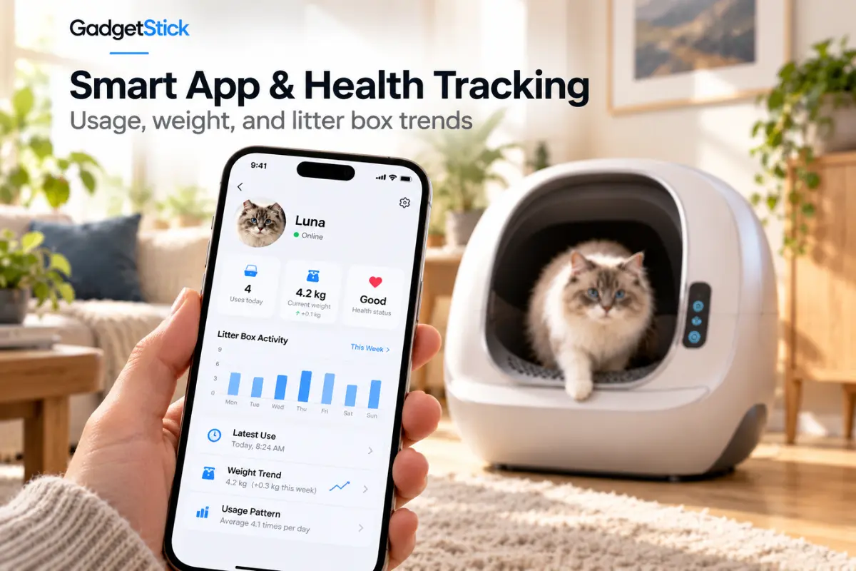 Smartphone app showing cat weight, litter box usage, and activity trends
