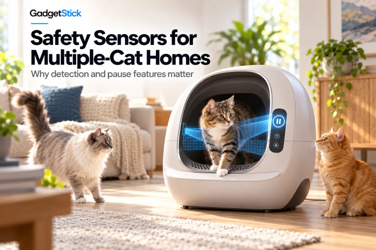 Automatic litter box safety sensors detecting a cat and pausing the cleaning cycle
