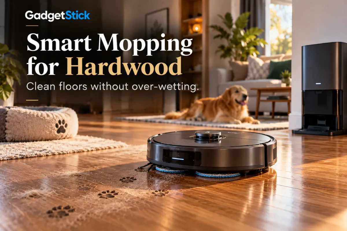Robot vacuum mopping hardwood floors with pet hair and paw prints nearby