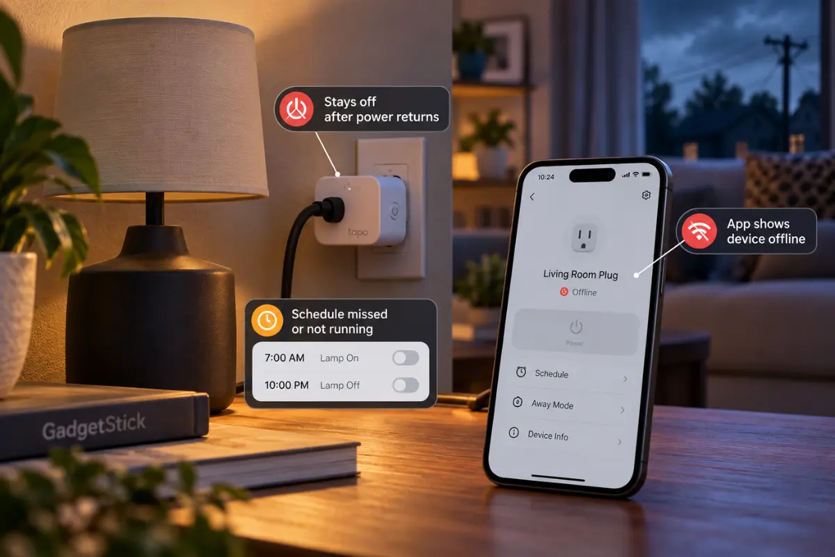 Smart plug and phone showing a missed schedule and offline status after power returns.