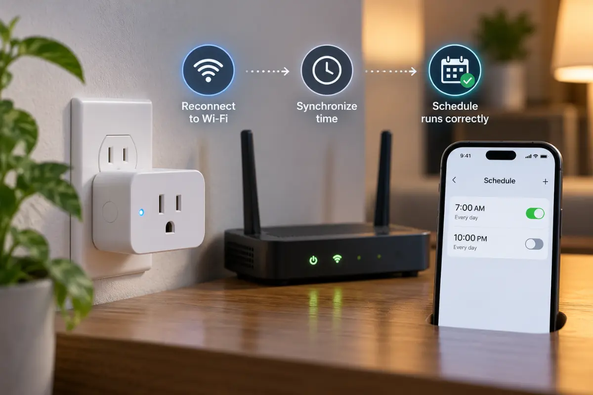Smart plug, Wi-Fi router, and smartphone illustrating reconnection, time synchronization, and schedule recovery.