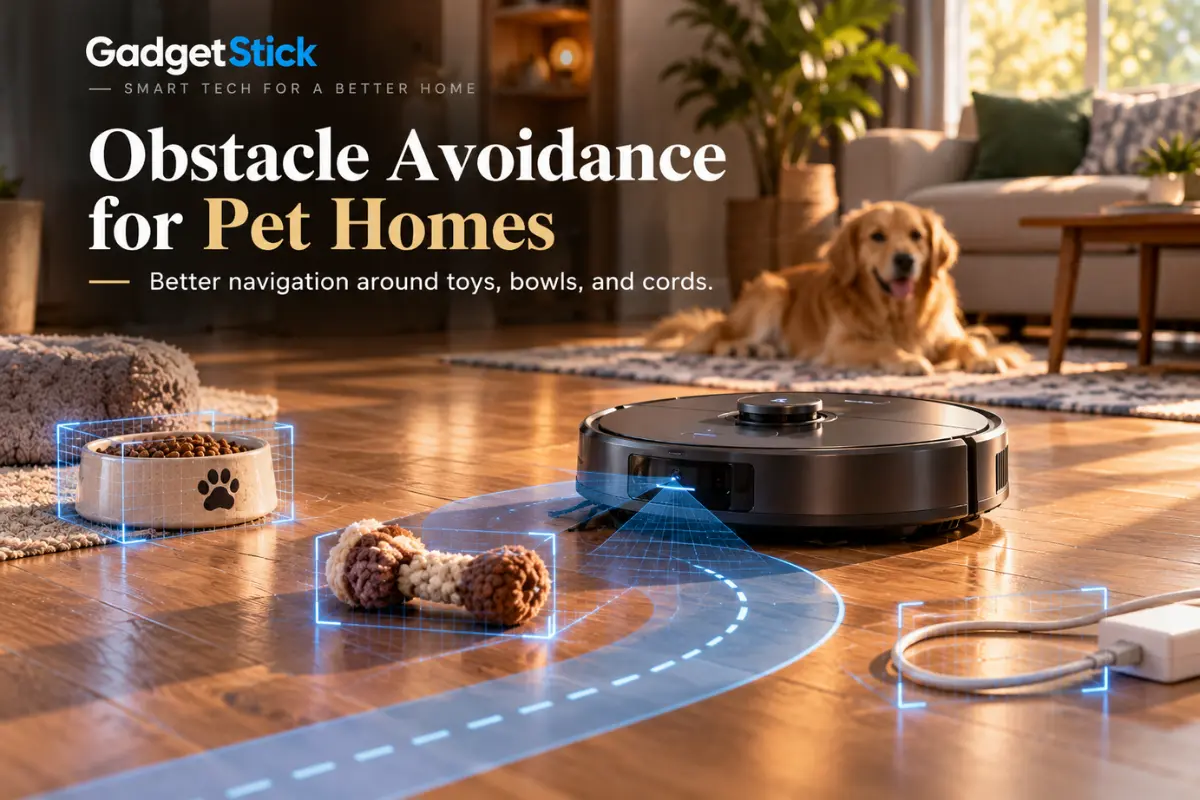 Robot vacuum avoiding pet toys, a food bowl, and a cable on hardwood floors