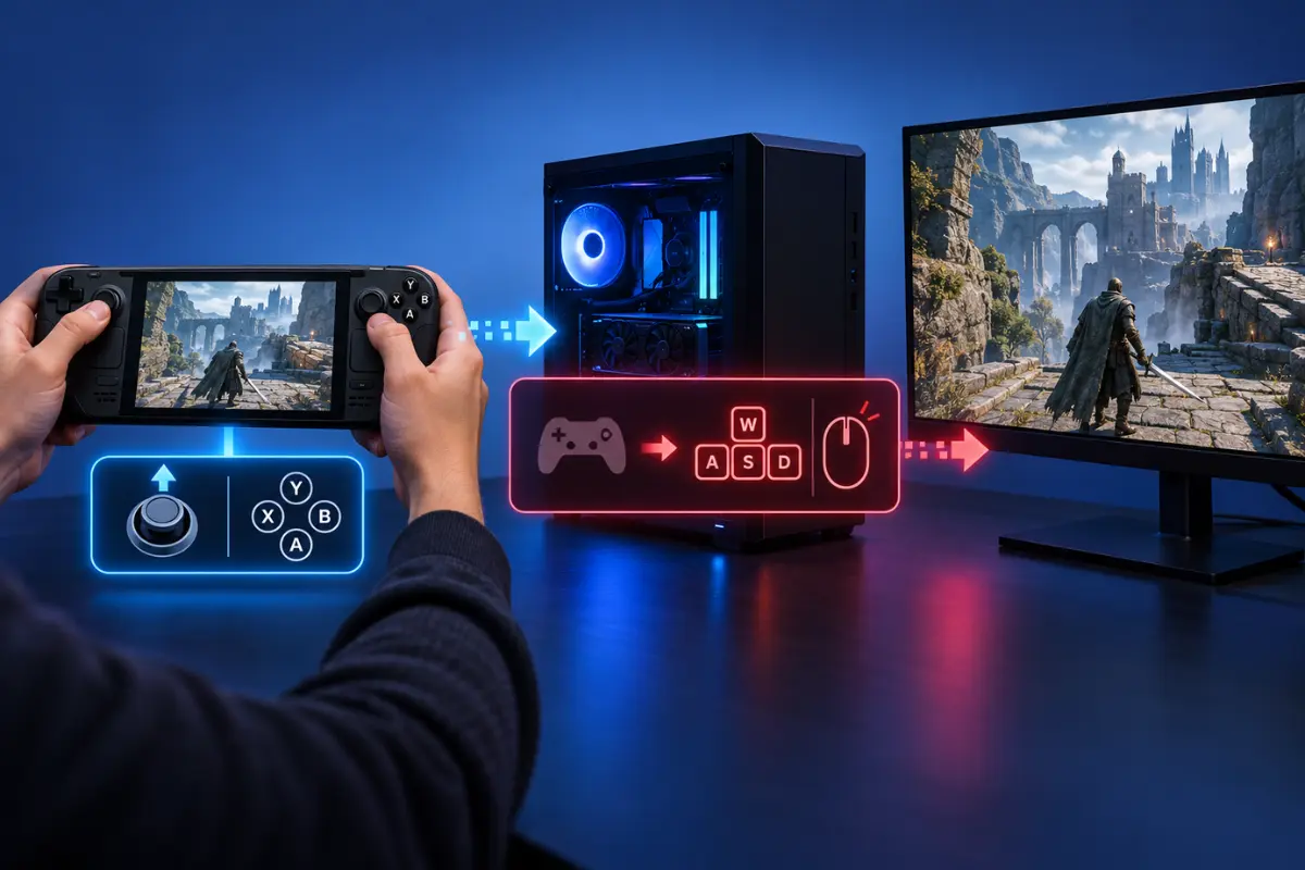 Gaming desktop with Steam Deck and multiple controllers illustrating conflicting input devices