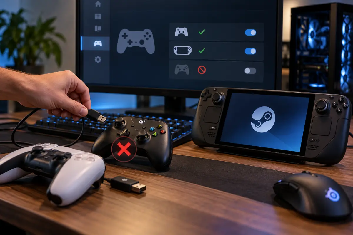 Illustration of Steam Deck controller input traveling through Remote Play to a Windows gaming PC