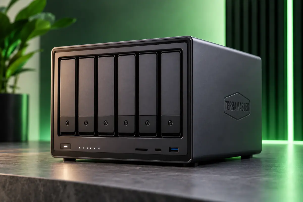 TerraMaster F6-424 Max 6-bay NAS in green studio light