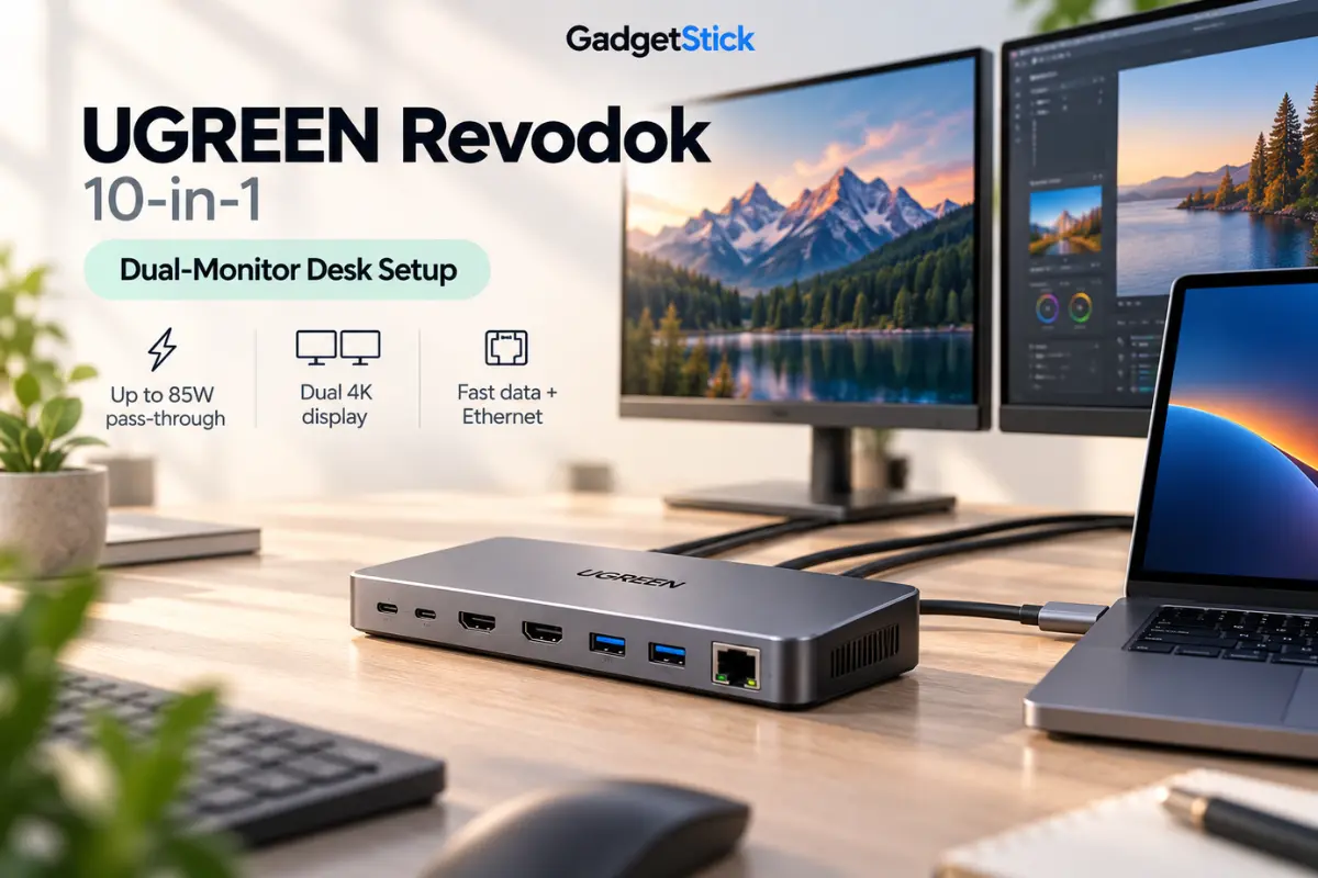 UGREEN Revodok 10-in-1 docking station for dual-monitor laptop setup and charging