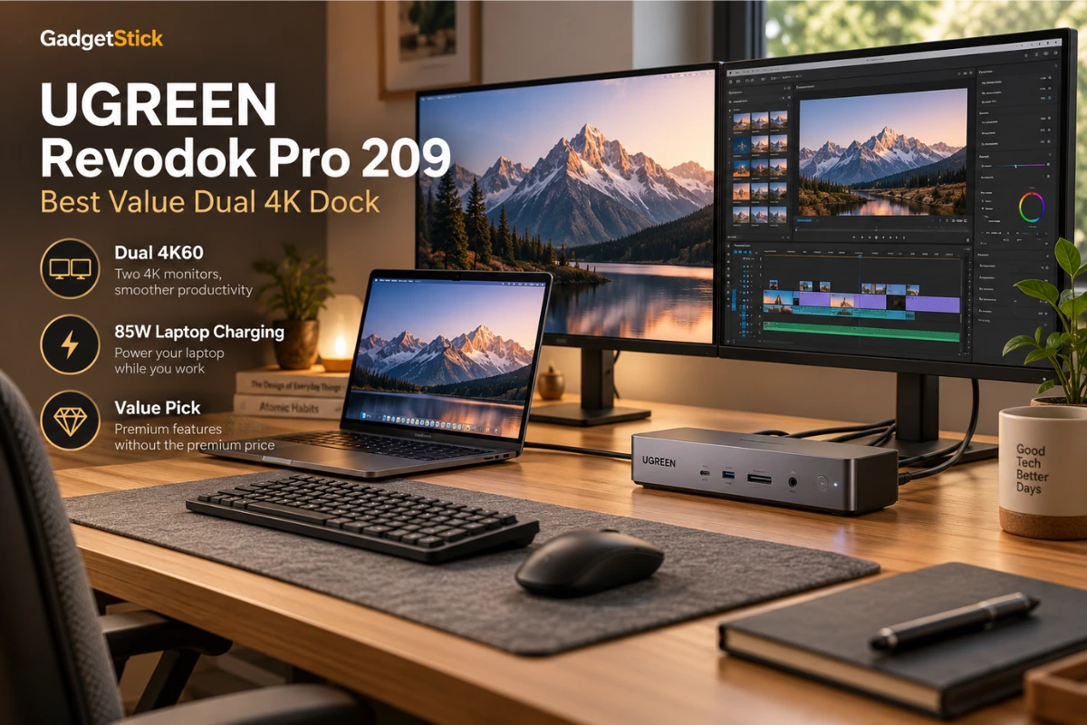 UGREEN Revodok Pro 209 docking station in a dual 4K monitor desk setup with laptop